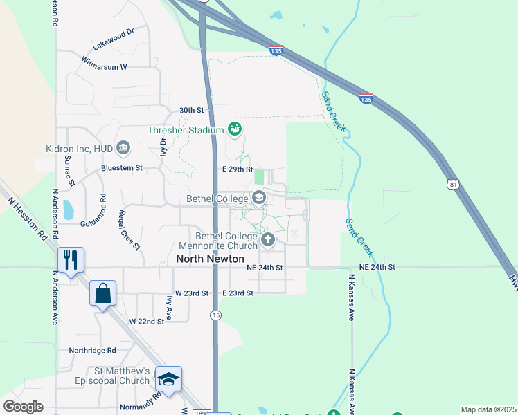 map of restaurants, bars, coffee shops, grocery stores, and more near 300 East 27th Street in North Newton