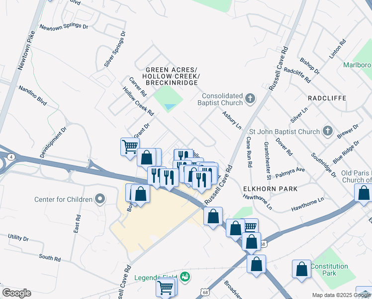 map of restaurants, bars, coffee shops, grocery stores, and more near 500 Hollow Creek Road in Lexington