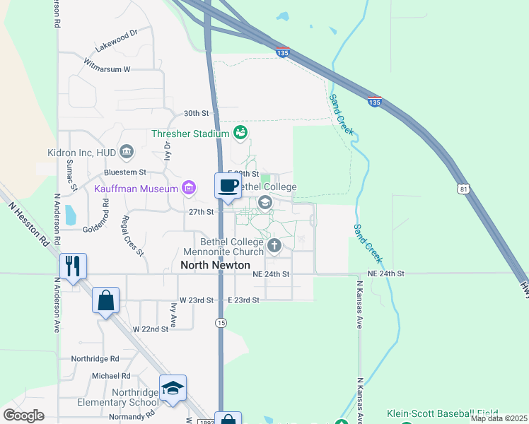 map of restaurants, bars, coffee shops, grocery stores, and more near 300 East 27th Street in North Newton