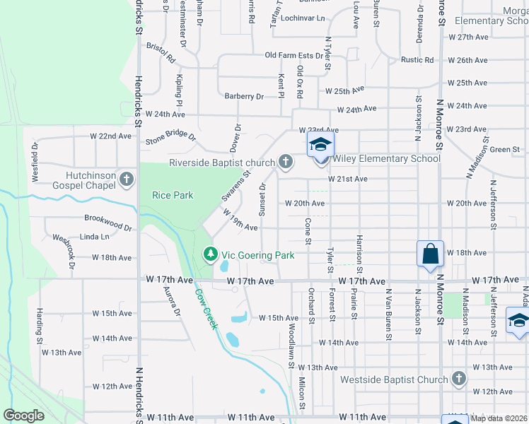 map of restaurants, bars, coffee shops, grocery stores, and more near 24 Sunset Drive in Hutchinson