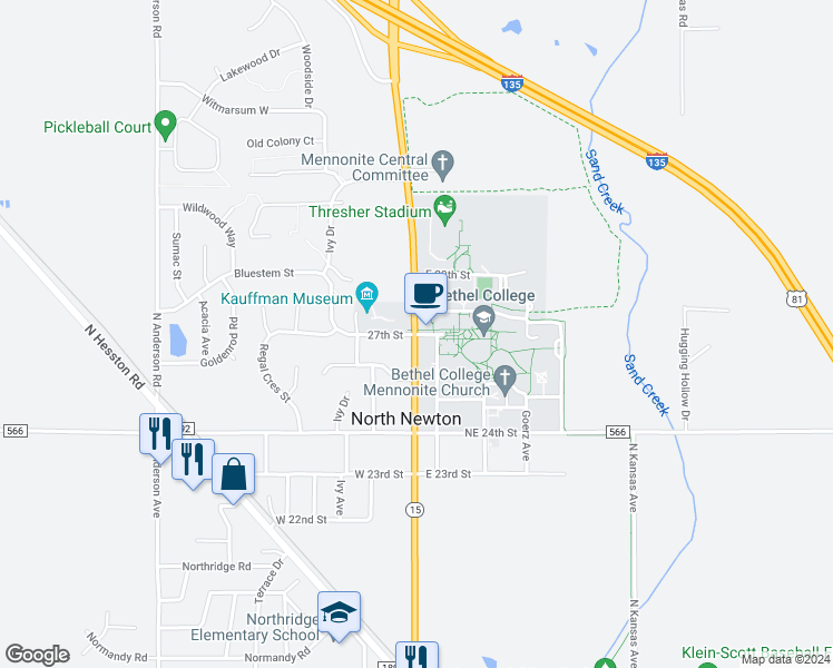map of restaurants, bars, coffee shops, grocery stores, and more near 2600 College Avenue in North Newton