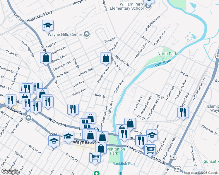 map of restaurants, bars, coffee shops, grocery stores, and more near 306 Smith Street in Waynesboro