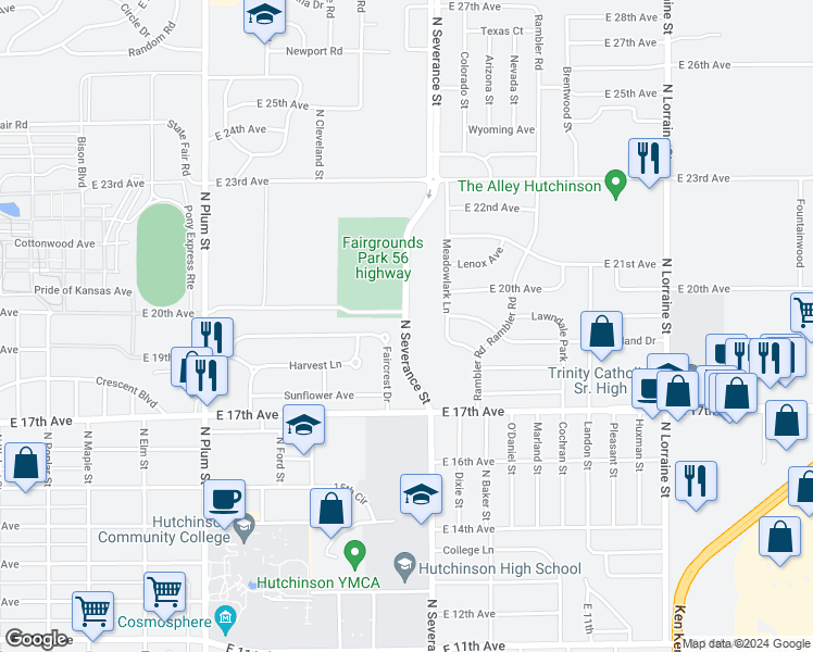 map of restaurants, bars, coffee shops, grocery stores, and more near 64 Faircrest Drive in Hutchinson