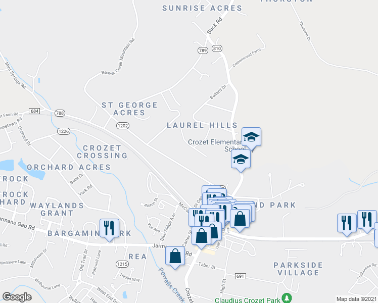 map of restaurants, bars, coffee shops, grocery stores, and more near 1421 Birchwood Drive in Crozet