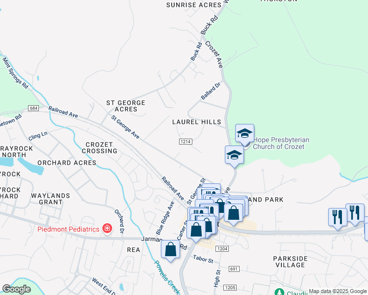 map of restaurants, bars, coffee shops, grocery stores, and more near 1413 Birchwood Dr in Crozet