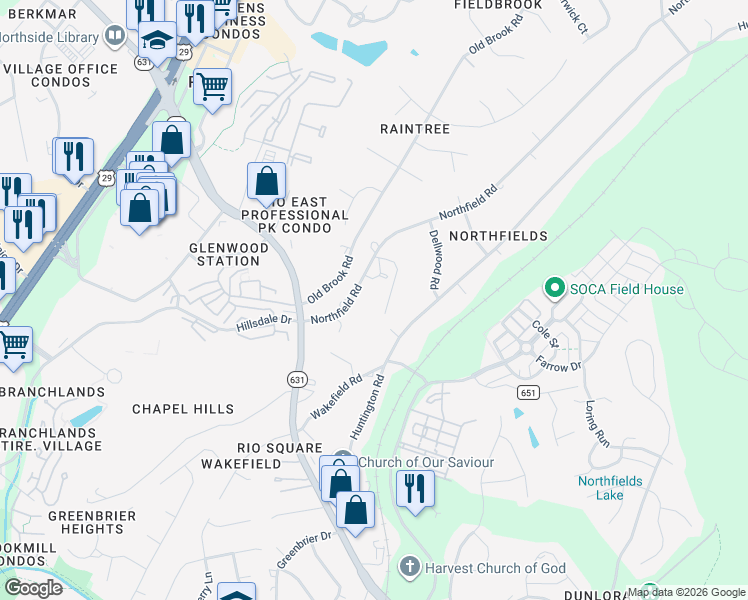 map of restaurants, bars, coffee shops, grocery stores, and more near 2501 Sun Ridge Road in Charlottesville