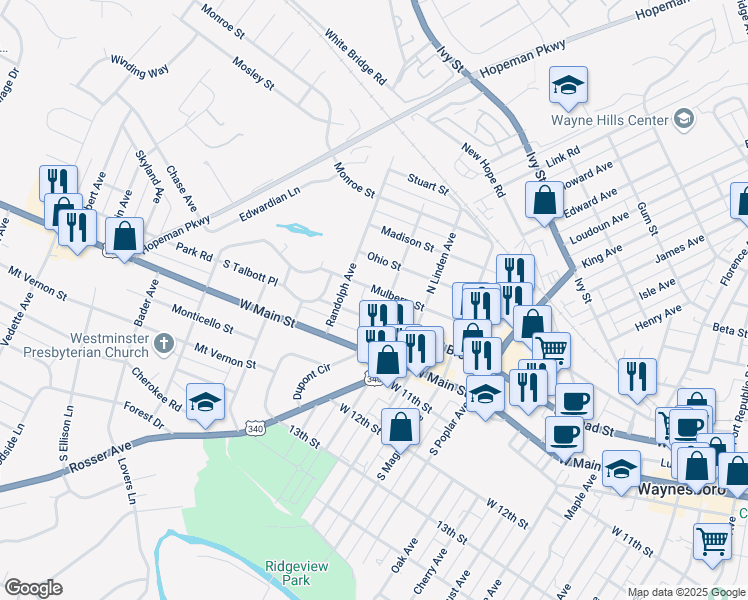 map of restaurants, bars, coffee shops, grocery stores, and more near 1600 Mulberry Street in Waynesboro