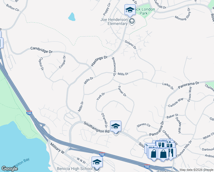 map of restaurants, bars, coffee shops, grocery stores, and more near 442 Brentwood Drive in Benicia