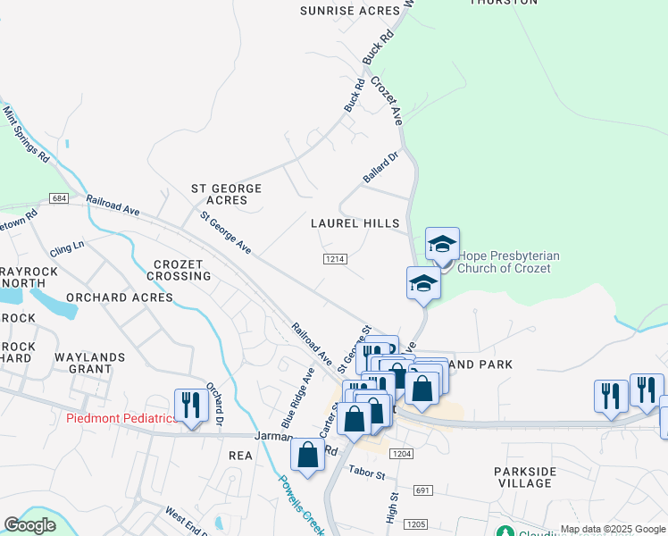 map of restaurants, bars, coffee shops, grocery stores, and more near 1421 Birchwood Drive in Crozet