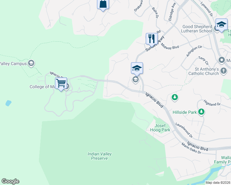 map of restaurants, bars, coffee shops, grocery stores, and more near 307 Indian Way in Novato