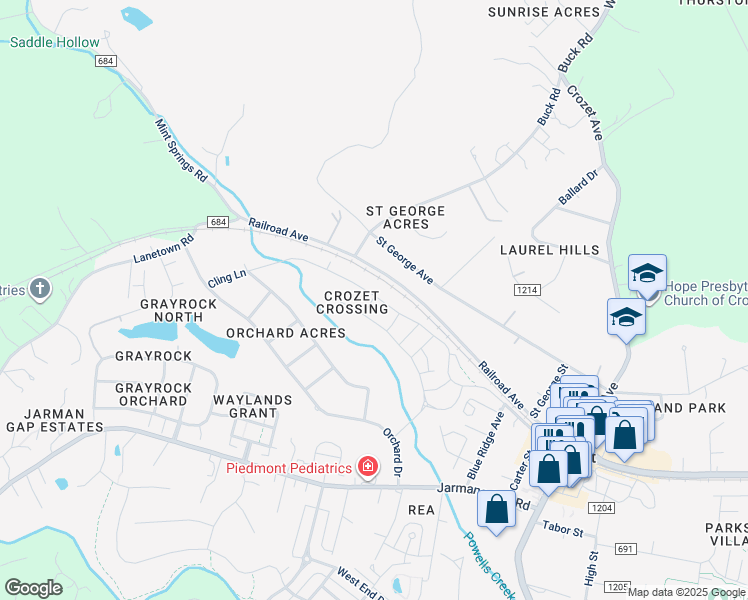 map of restaurants, bars, coffee shops, grocery stores, and more near Dunnagan Drive in Crozet