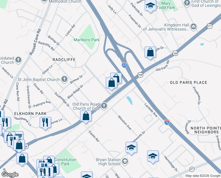 map of restaurants, bars, coffee shops, grocery stores, and more near 1951 N Broadway Srd in Lexington