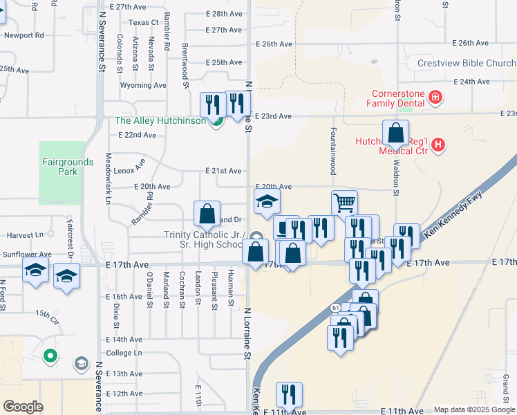map of restaurants, bars, coffee shops, grocery stores, and more near 1400 East 17th Avenue in Hutchinson