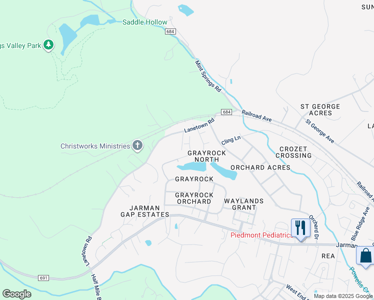 map of restaurants, bars, coffee shops, grocery stores, and more near 2209 Kendall Court in Crozet
