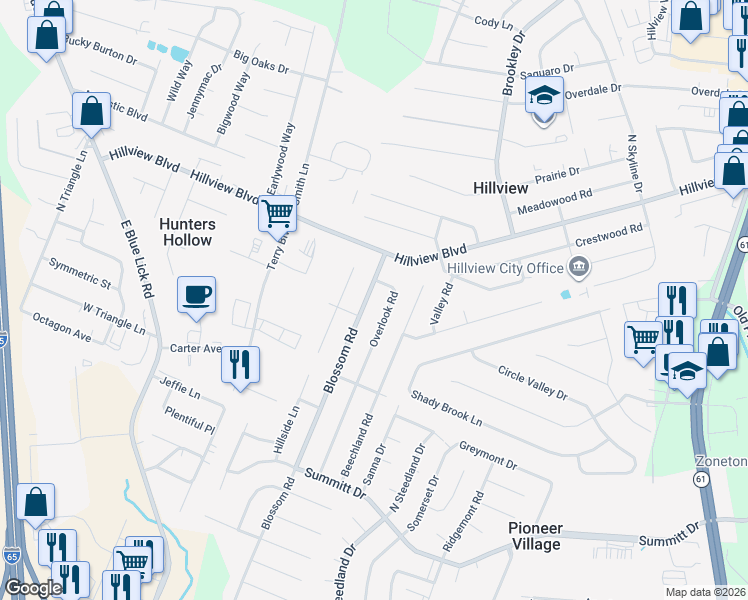 map of restaurants, bars, coffee shops, grocery stores, and more near 244 Blossom Road in Louisville