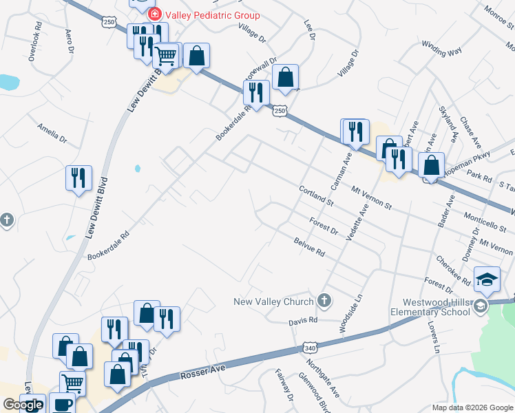 map of restaurants, bars, coffee shops, grocery stores, and more near 2408 Belvue Road in Waynesboro