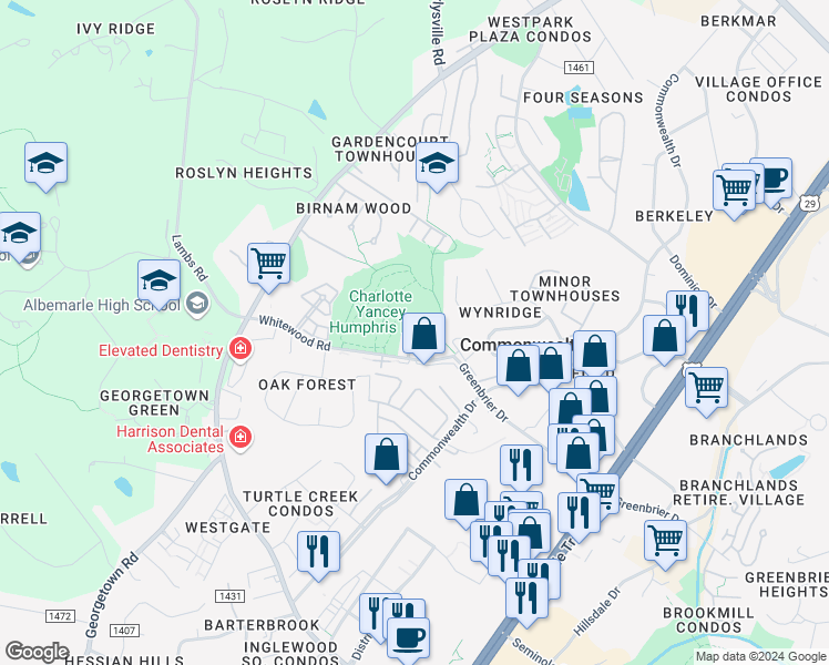 map of restaurants, bars, coffee shops, grocery stores, and more near 274 Albert Court in Charlottesville