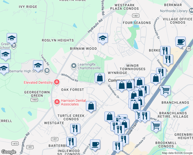 map of restaurants, bars, coffee shops, grocery stores, and more near 260 Albert Court in Charlottesville