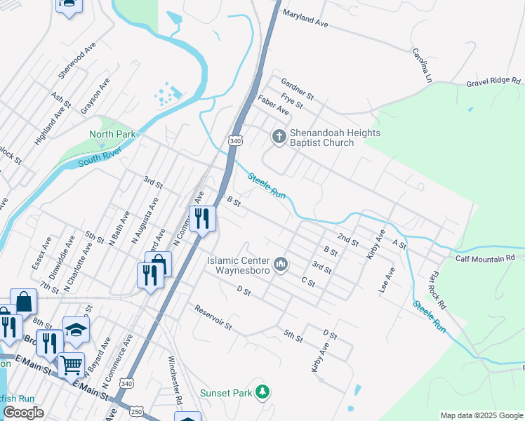 map of restaurants, bars, coffee shops, grocery stores, and more near 1008 B Street in Waynesboro