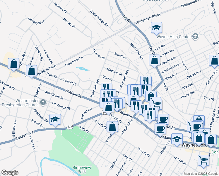 map of restaurants, bars, coffee shops, grocery stores, and more near 1599 Mulberry Street in Waynesboro
