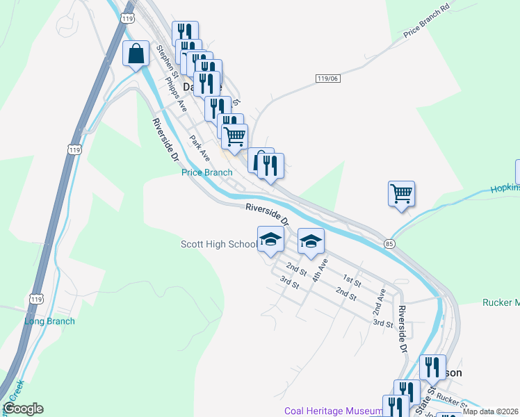 map of restaurants, bars, coffee shops, grocery stores, and more near Riverside Drive in Madison