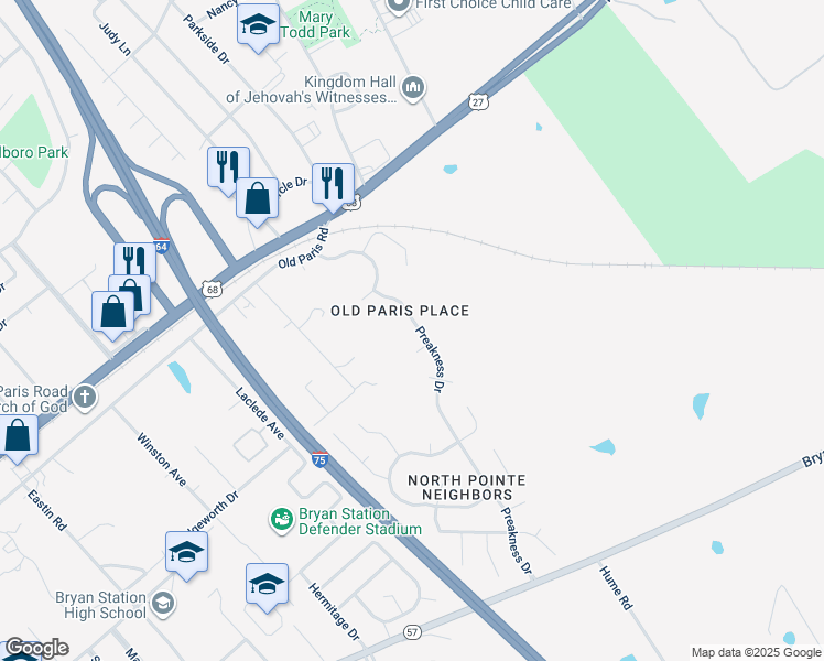 map of restaurants, bars, coffee shops, grocery stores, and more near 188 Preakness Drive in Lexington