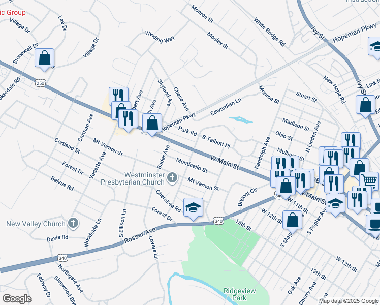 map of restaurants, bars, coffee shops, grocery stores, and more near 1900 West Main Street in Waynesboro