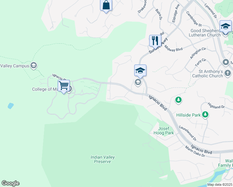 map of restaurants, bars, coffee shops, grocery stores, and more near 402 Indian Way in Novato