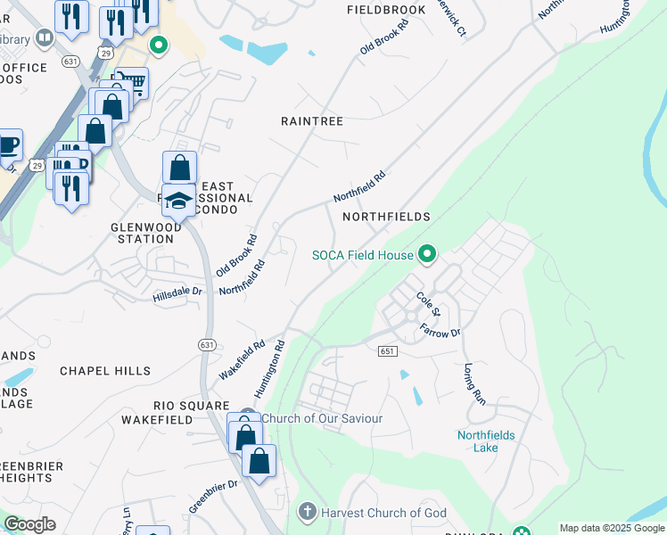 map of restaurants, bars, coffee shops, grocery stores, and more near 2519 Huntington Road in Charlottesville