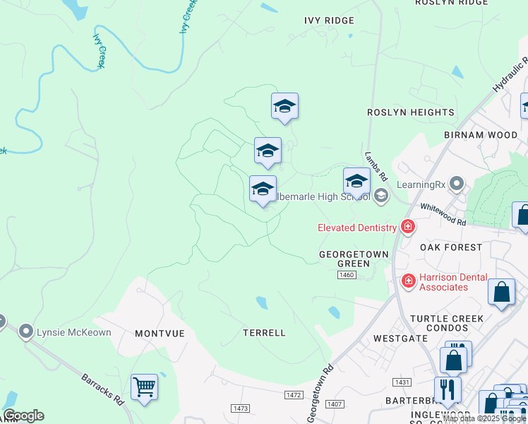 map of restaurants, bars, coffee shops, grocery stores, and more near 227 Lambs Lane in Charlottesville
