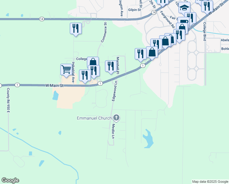 map of restaurants, bars, coffee shops, grocery stores, and more near 100 Edgewood Lane in Carmi
