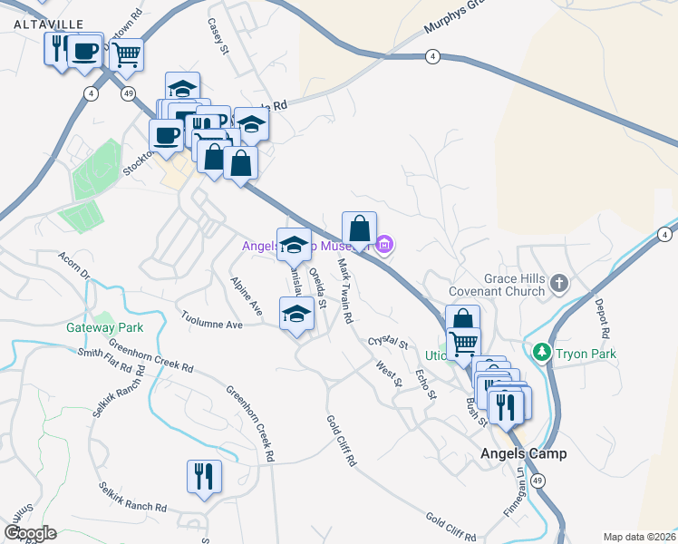 map of restaurants, bars, coffee shops, grocery stores, and more near 775 Mark Twain Road in Angels Camp