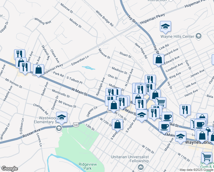 map of restaurants, bars, coffee shops, grocery stores, and more near 1613 Park Road in Waynesboro