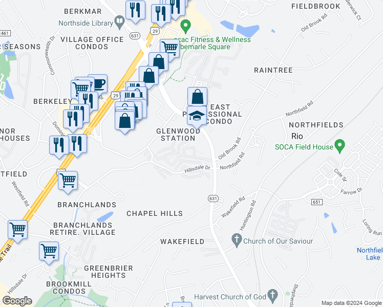 map of restaurants, bars, coffee shops, grocery stores, and more near 1000 Old Brook Road in Charlottesville