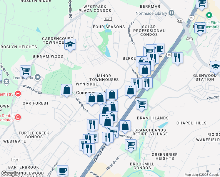 map of restaurants, bars, coffee shops, grocery stores, and more near 1402 Minor Ridge Court in Charlottesville