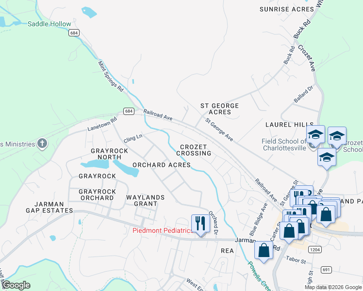 map of restaurants, bars, coffee shops, grocery stores, and more near 1378 County Road 1207 in Crozet