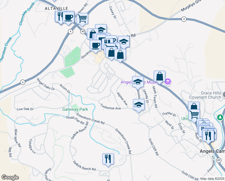 map of restaurants, bars, coffee shops, grocery stores, and more near 597 Amador Avenue in Angels Camp