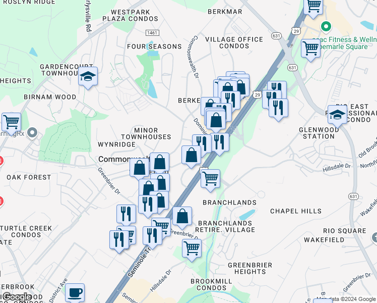 map of restaurants, bars, coffee shops, grocery stores, and more near 115 Commonwealth Circle in Charlottesville