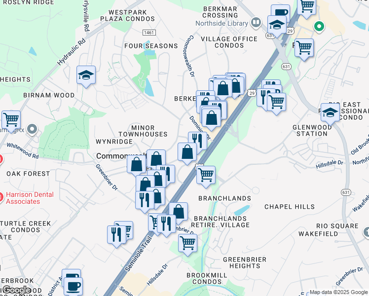 map of restaurants, bars, coffee shops, grocery stores, and more near 115 Commonwealth Circle in Charlottesville