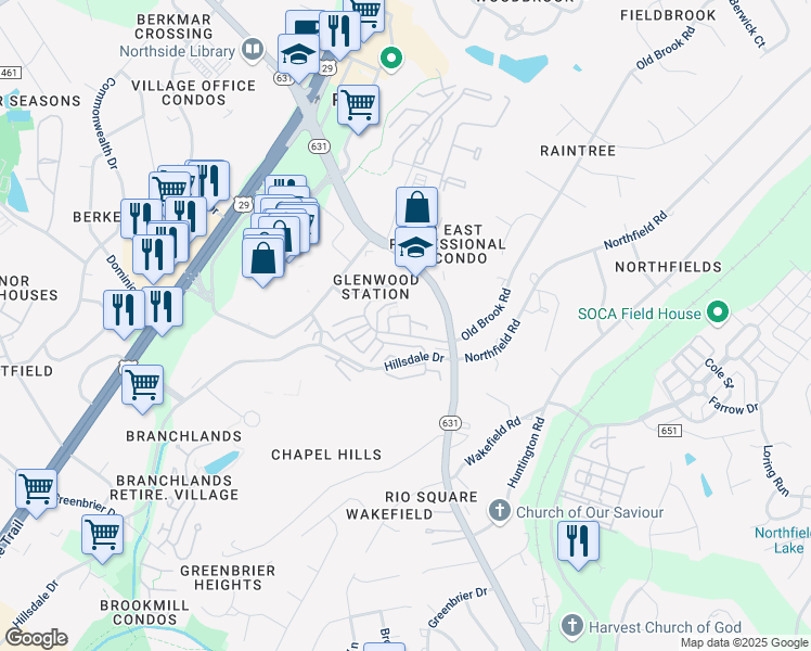 map of restaurants, bars, coffee shops, grocery stores, and more near 1380 Rio Road East in Charlottesville