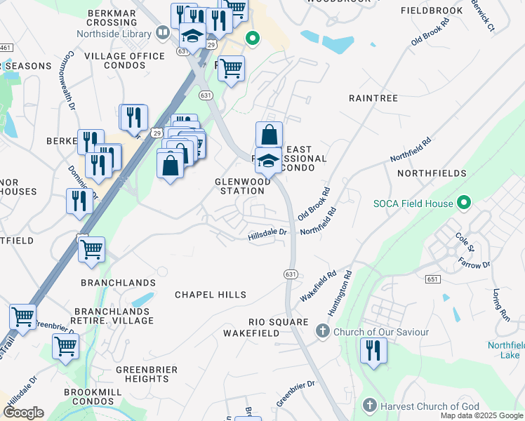 map of restaurants, bars, coffee shops, grocery stores, and more near 1380 Rio Road East in Charlottesville