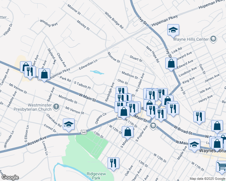 map of restaurants, bars, coffee shops, grocery stores, and more near 1613 Park Road in Waynesboro