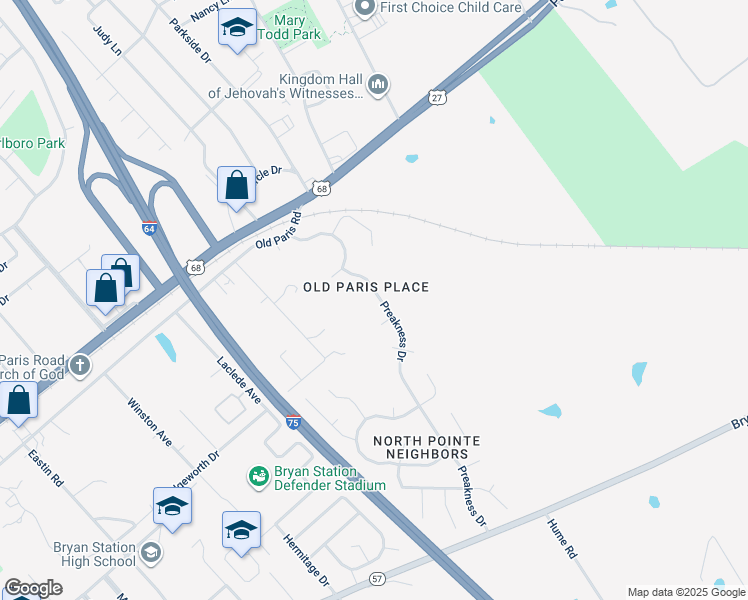 map of restaurants, bars, coffee shops, grocery stores, and more near 180 Preakness Drive in Lexington