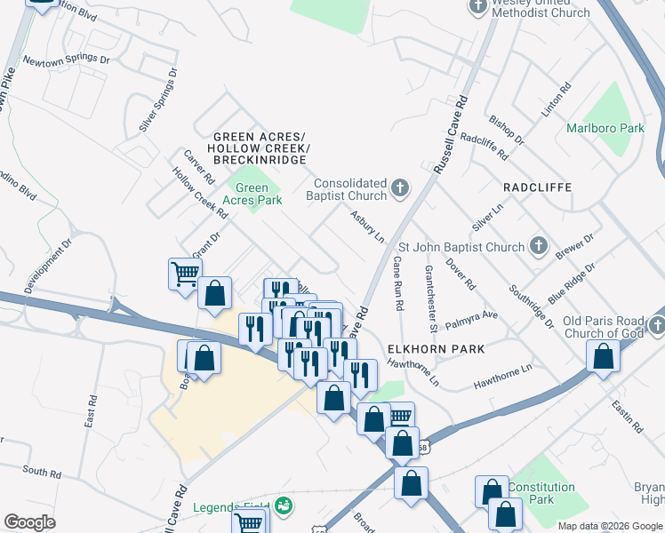 map of restaurants, bars, coffee shops, grocery stores, and more near 412 Saint John Court in Lexington