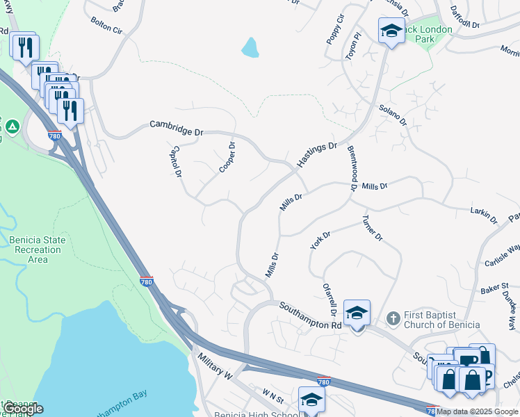 map of restaurants, bars, coffee shops, grocery stores, and more near 534 Hastings Drive in Benicia