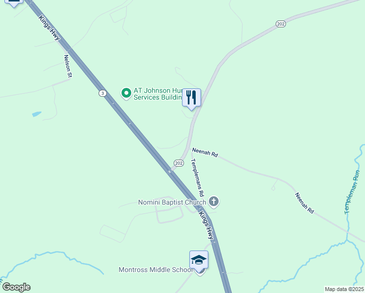 map of restaurants, bars, coffee shops, grocery stores, and more near 47 Emmas Drive in Montross