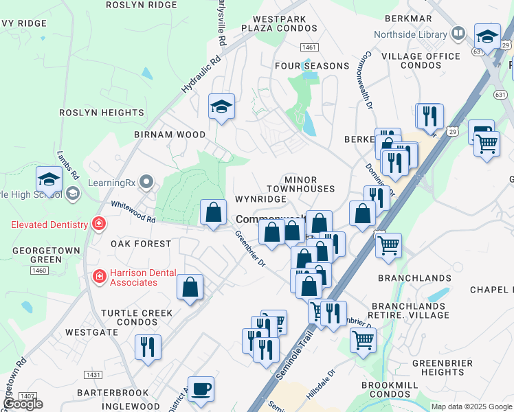map of restaurants, bars, coffee shops, grocery stores, and more near 328 Minor Ridge Road in Charlottesville