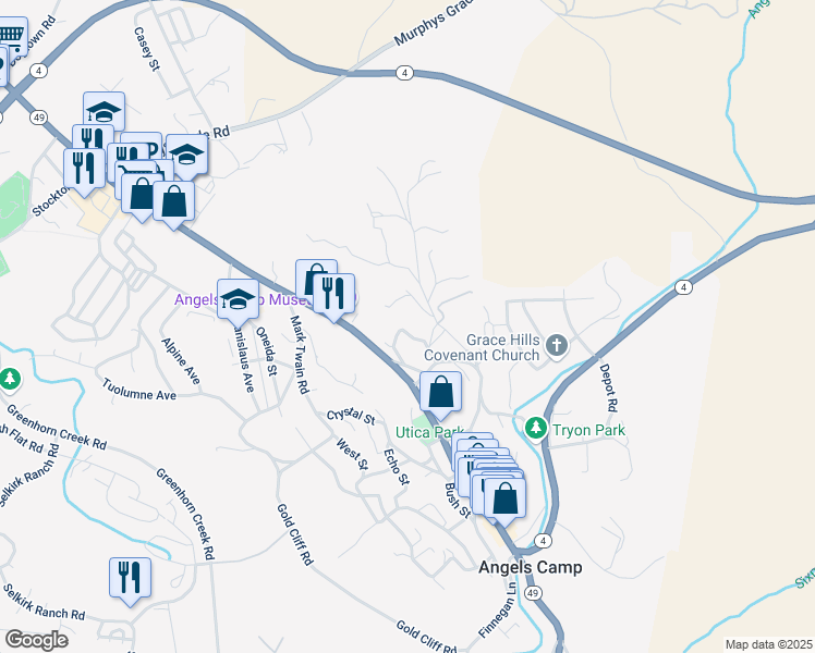 map of restaurants, bars, coffee shops, grocery stores, and more near 850 Purdy Road in Angels Camp