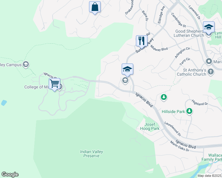 map of restaurants, bars, coffee shops, grocery stores, and more near 106 Indian Way in Novato