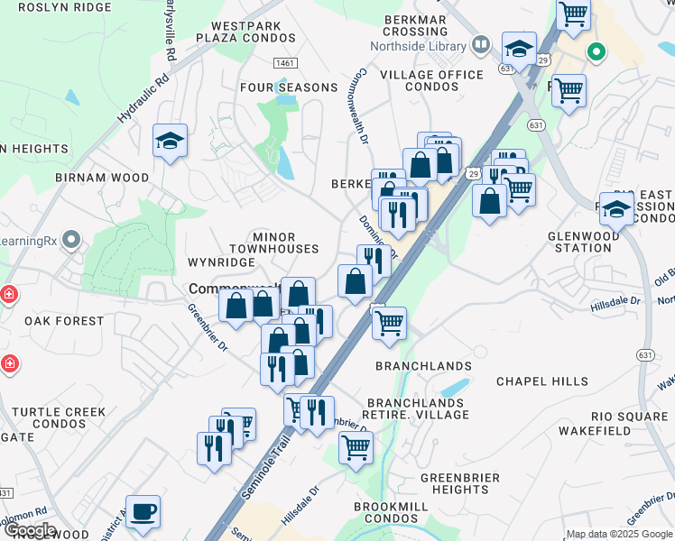 map of restaurants, bars, coffee shops, grocery stores, and more near 2415 Commonwealth Drive in Charlottesville